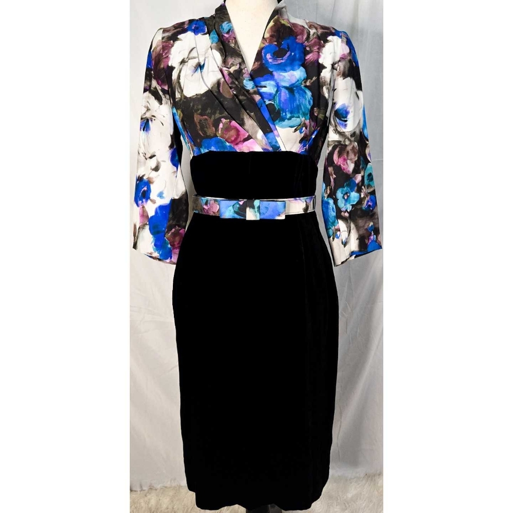 Vintage Paola Quadretti Dress Sheath Silk Vintage Velvet Pencil Blue Floral